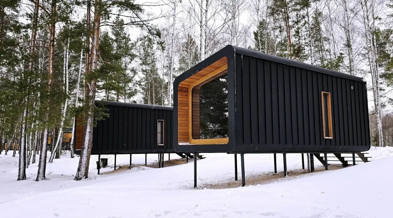 Модульные дома в зимнем лесу